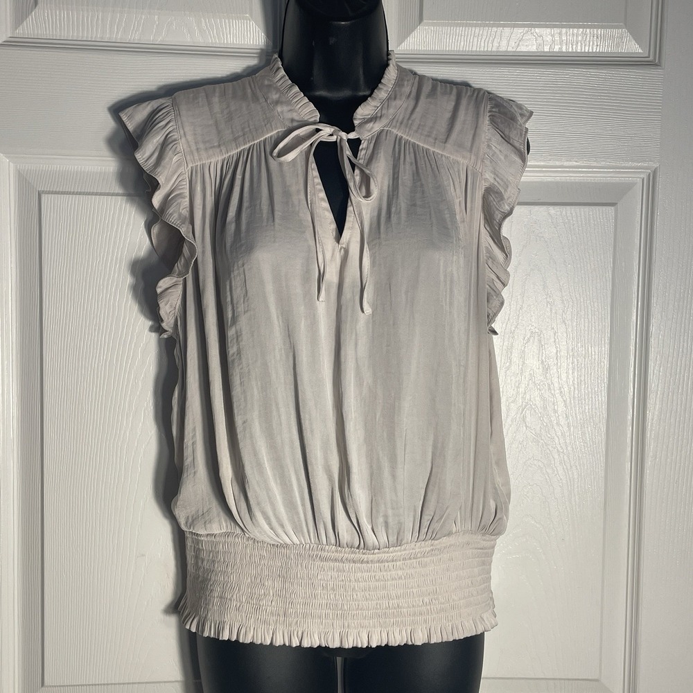 Maison D'Amelie Boho Shirt Women L‎ Beige Keyhole Flutter Sleeves Ruffle Blouse